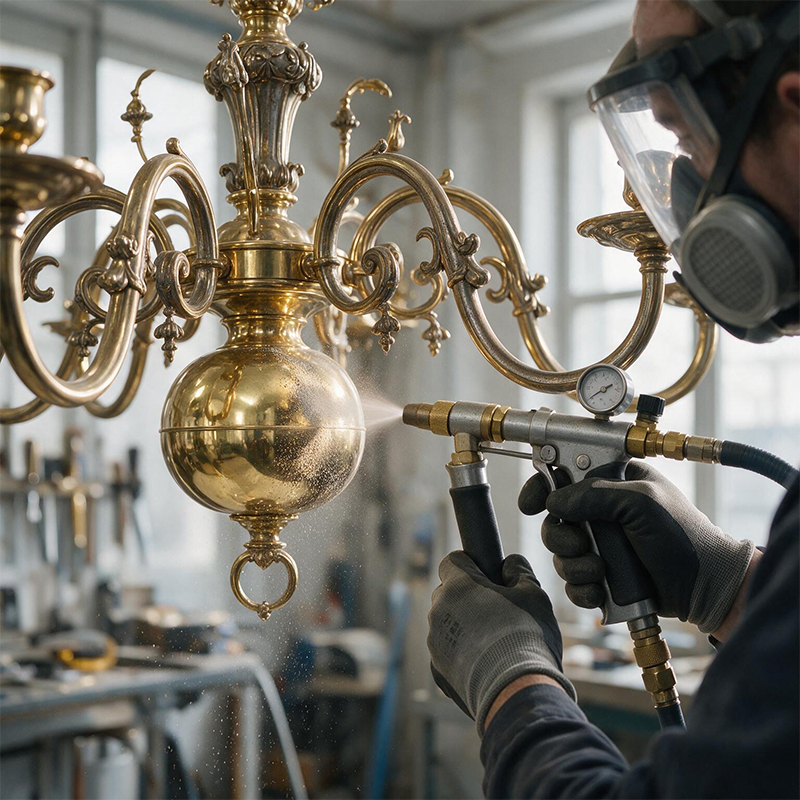 Aérogommage des éléments décoratifs démontés d’un chandelier ancien sur un établi de restauration