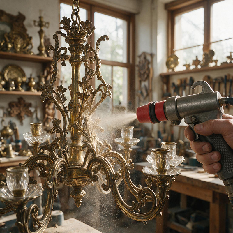 Aérogommage d’un chandelier ancien en laiton dans un atelier pour retirer les anciennes finitions avant restauration