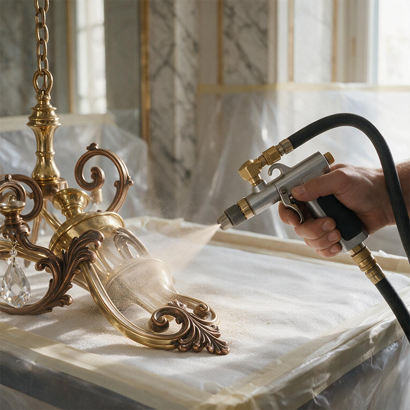 Aérogommage d’un chandelier ancien partiellement démonté posé sur une table protégée avant rénovation