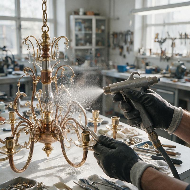 Technicien réalisant l’aérogommage d’un lustre ancien en métal avec pampilles dans un atelier de restauration