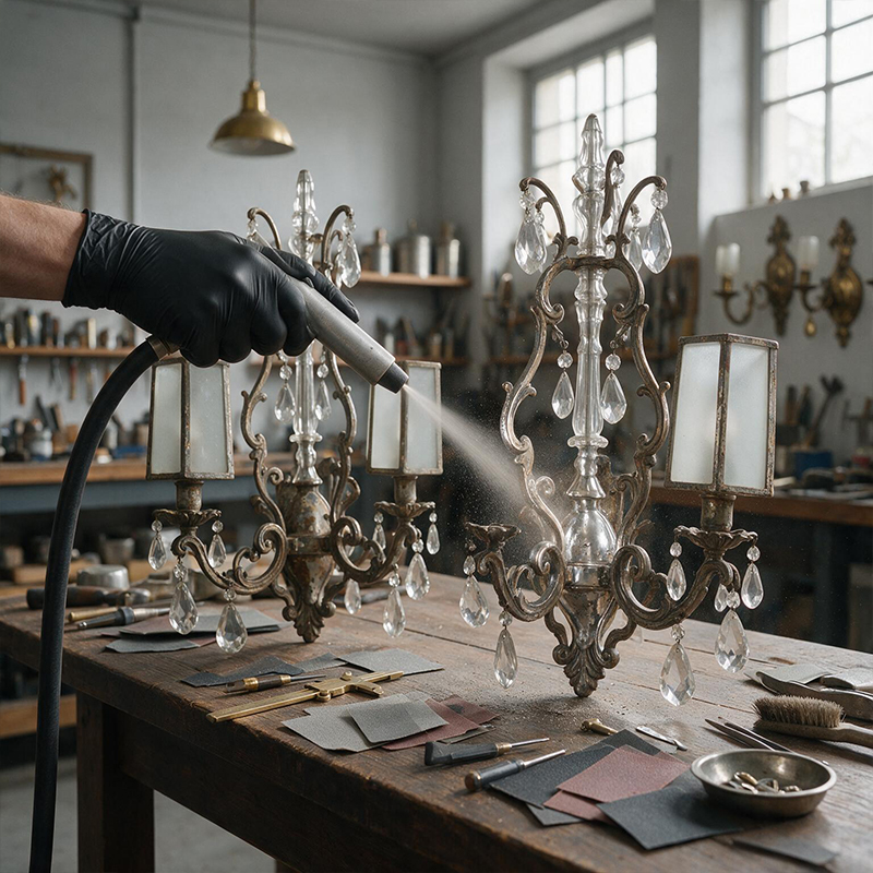 Aérogommage de deux appliques murales anciennes avec ornements métalliques et éléments en verre
