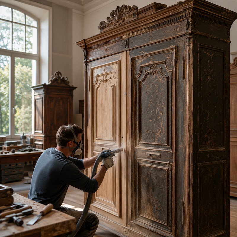 Aérogommage d’une grande armoire ancienne en bois pour retirer les anciennes couches de finition avant restauration