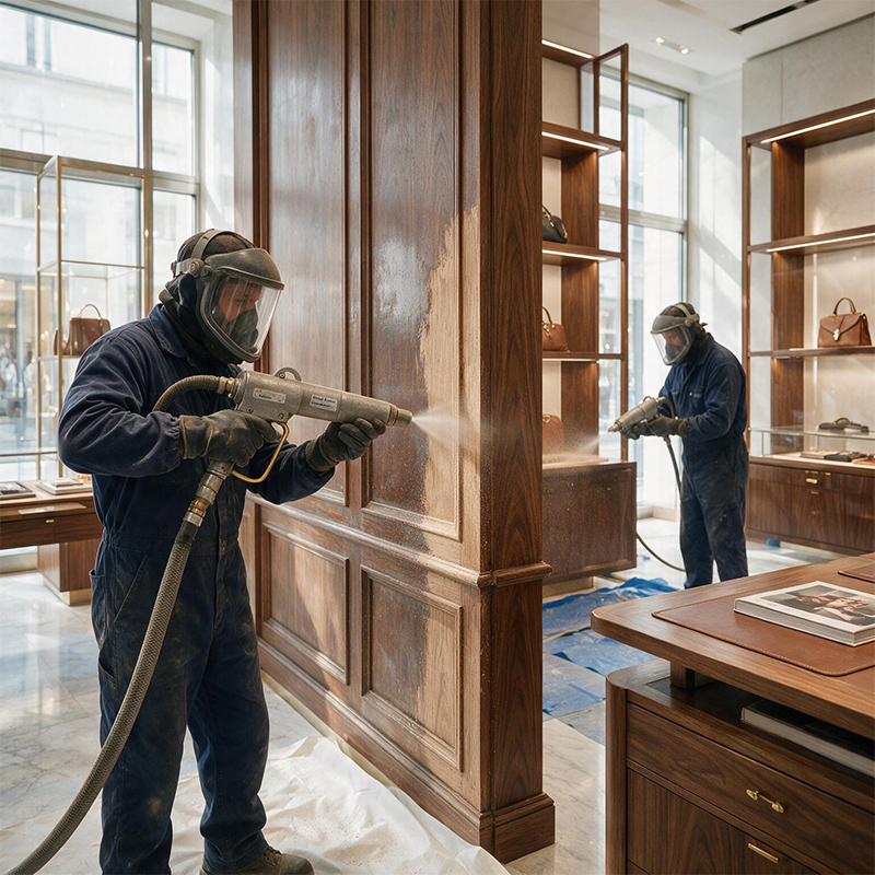 Aérogommage d’un bardage extérieur en bois pour retirer une finition vieillissante avant rénovation