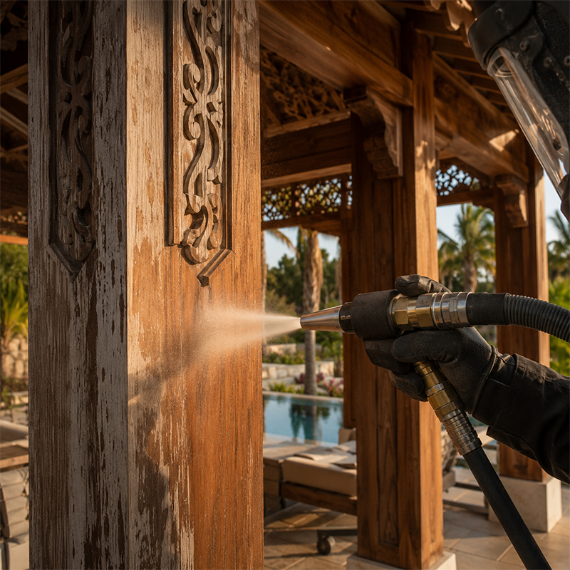 Aérogommage d’un poteau sculpté de pergola en bois pour retirer l’ancienne finition avant rénovation
