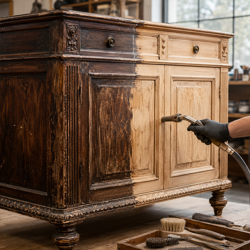 Aérogommage d’un buffet ancien en bois pour retirer le vernis et préparer le meuble avant nouvelle finition