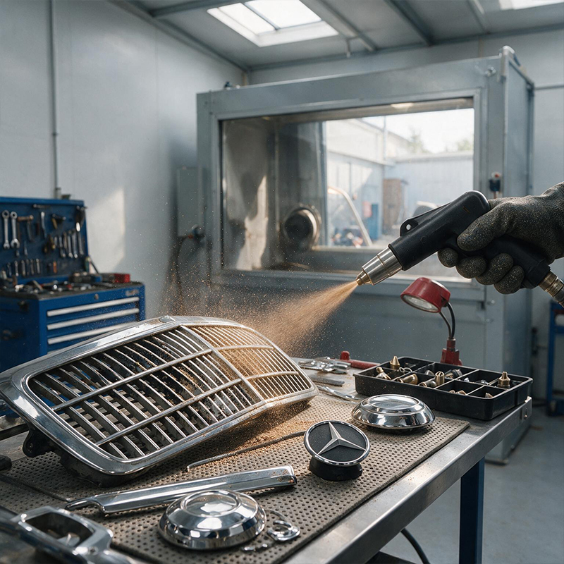 Aérogommage d’une calandre et d’accessoires métalliques automobiles avant leur rénovation