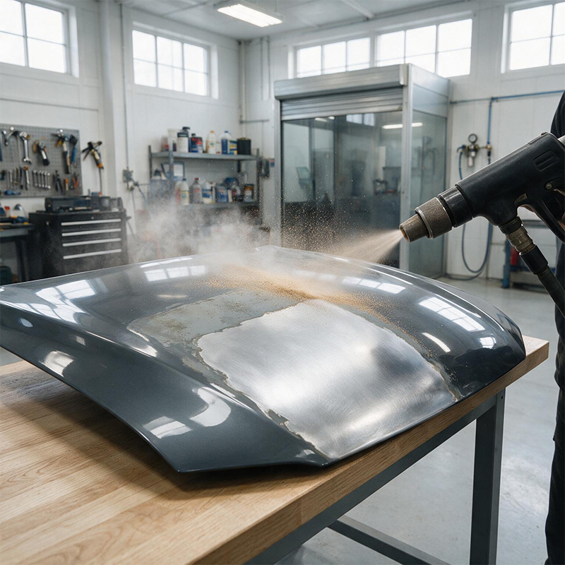 Aérogommage d’un élément de carrosserie automobile pour retirer l’ancienne peinture avant restauration