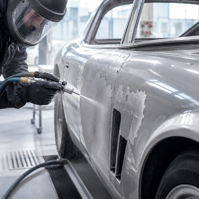 Technicien réalisant l’aérogommage de la carrosserie latérale d’une voiture de collection avant restauration
