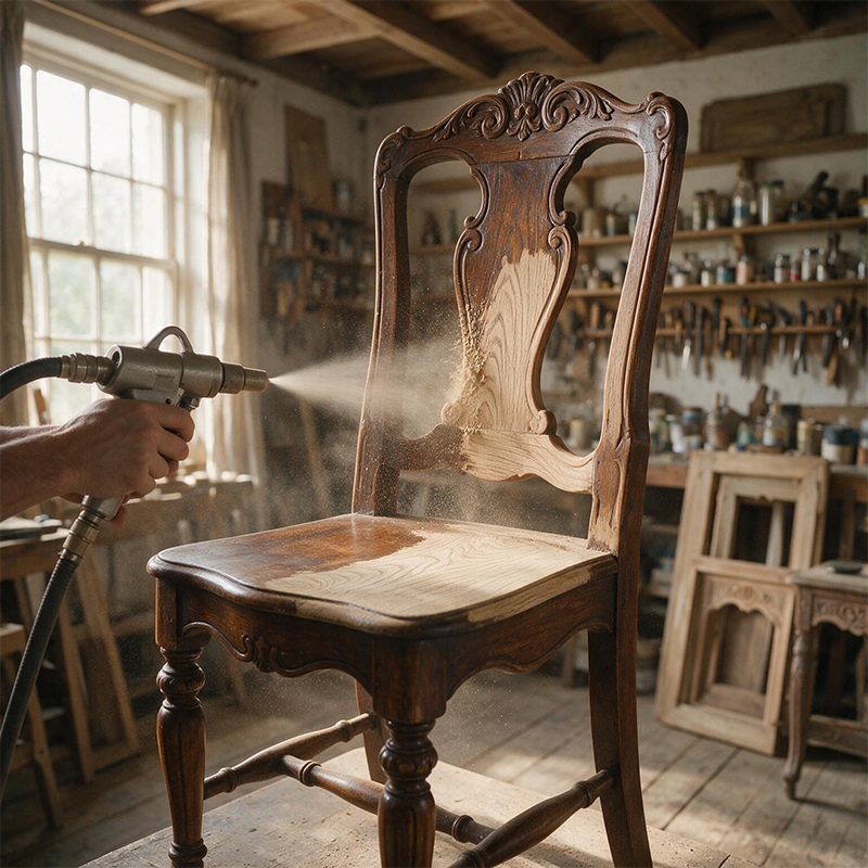 Aérogommage d’une chaise ancienne en bois dans un atelier pour retirer les anciennes finitions avant restauration