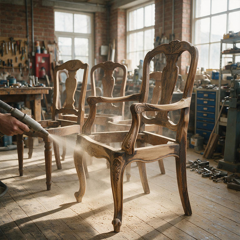 Aérogommage de chaises anciennes en bois dans un atelier pour nettoyer la structure avant restauration