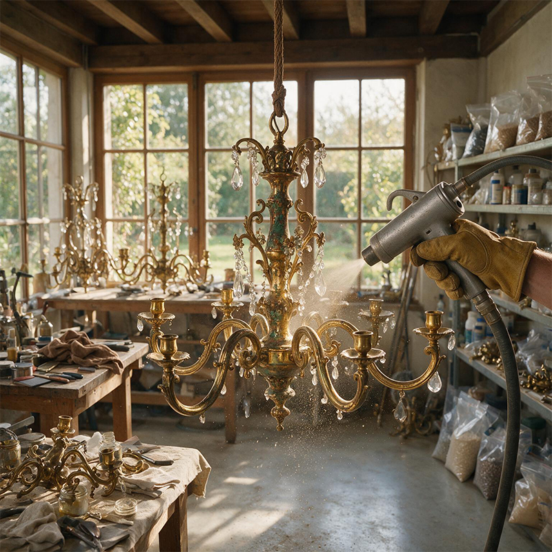 Technicien réalisant l’aérogommage d’un chandelier ancien orné de cristaux dans un atelier