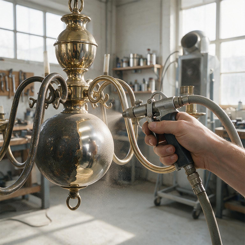 Aérogommage contrôlé d’un chandelier ancien en métal et laiton présentant une finition oxydée