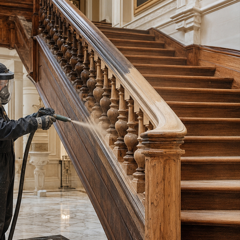 Aérogommage d’un escalier ancien et de son garde-corps en bois avant l’application d’une nouvelle finition