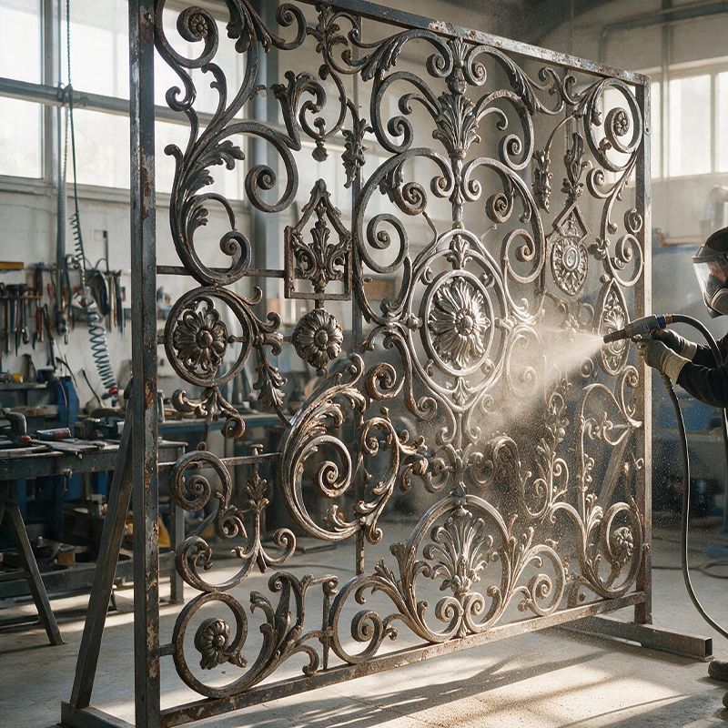Aérogommage d’un panneau de ferronnerie décorative en métal avec motifs ornementaux dans un atelier