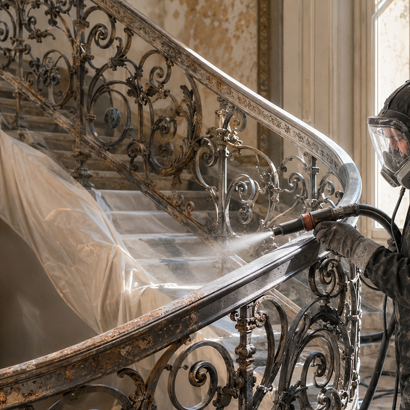 Aérogommage d’un garde-corps et d’une rampe métallique décorative dans un intérieur ancien avant remise en peinture
