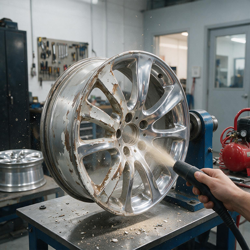 Aérogommage d’une jante automobile pour retirer la peinture dégradée et les traces d’oxydation