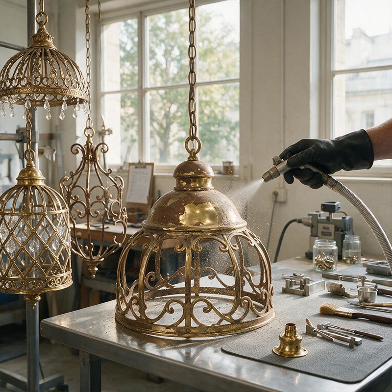 Aérogommage de la structure métallique d’un luminaire suspendu avant restauration