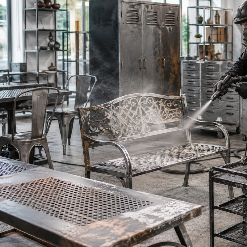 Aérogommage d’un banc et de mobilier métallique ancien pour retirer les anciennes couches et préparer les surfaces avant rénovation