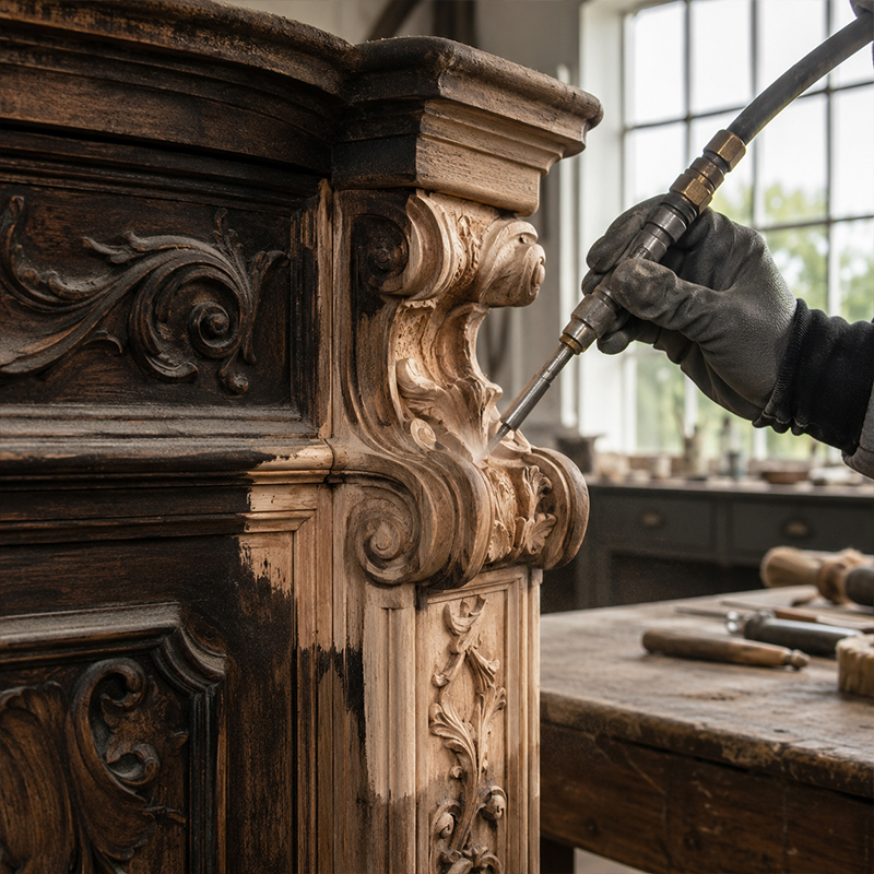 Aérogommage de détails sculptés sur un meuble ancien en bois pour nettoyer les moulures et reliefs décoratifs