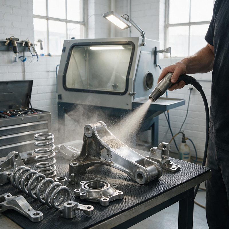Aérogommage de pièces mécaniques métalliques et d’éléments de suspension automobile dans un atelier