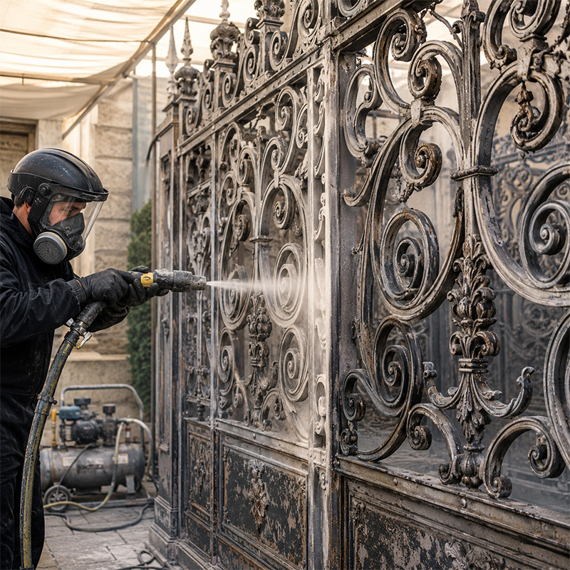 Aérogommage d’un portail métallique décoratif pour retirer les anciennes finitions et préparer la surface avant rénovation