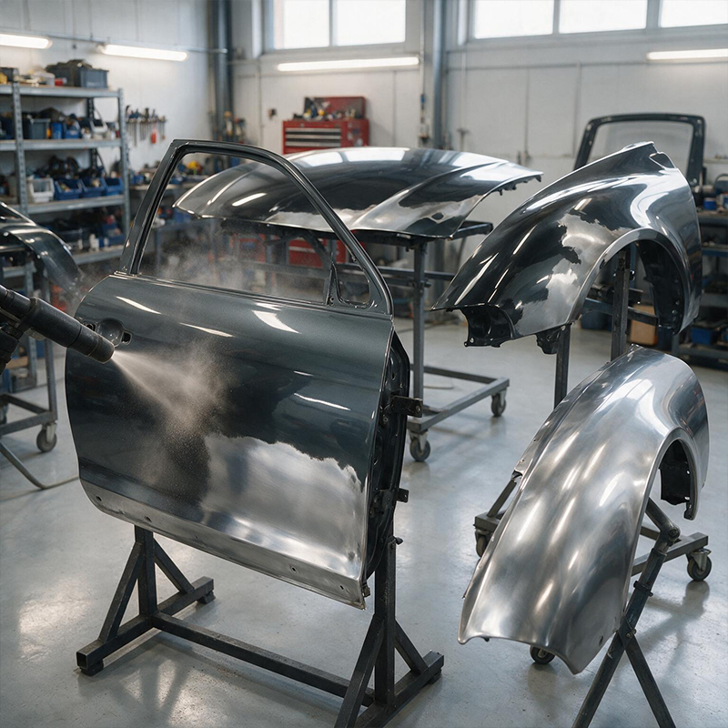 Aérogommage de portières, d’ailes et de capots démontés avant la restauration d’une voiture ancienne