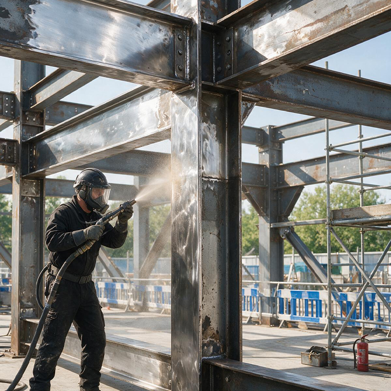 Technicien réalisant l’aérogommage d’une structure métallique en acier sur chantier pour nettoyer la surface avant traitement