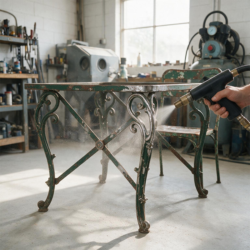 Aérogommage d’une table ancienne en métal dans un atelier pour retirer les anciennes peintures et préparer sa rénovation