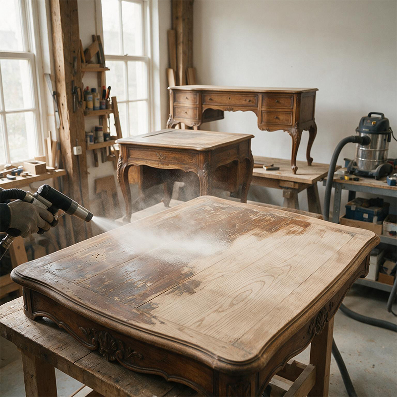 Aérogommage de tables anciennes en bois dans un atelier pour retirer les anciennes finitions avant rénovation