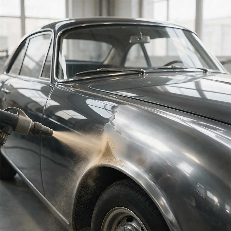 Décapage par aérogommage de l’aile avant d’une voiture ancienne pour préparer la carrosserie avant restauration