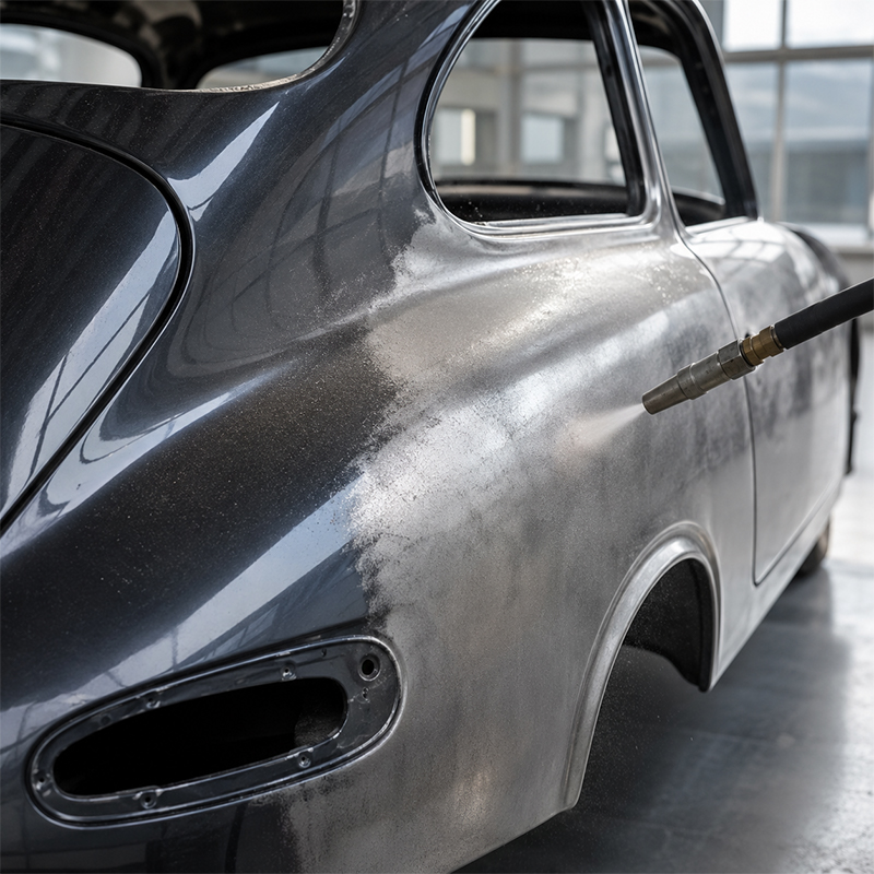 Aérogommage de l’aile arrière d’une voiture ancienne pour retirer la peinture et mettre la carrosserie à nu