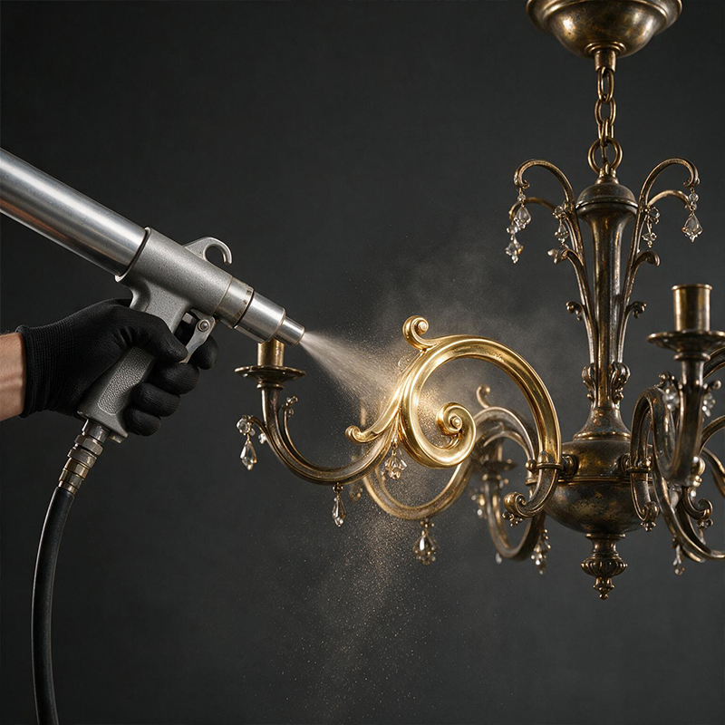 Aérogommage d’un chandelier ancien en métal avec détails décoratifs pour retirer les anciennes finitions avant rénovation