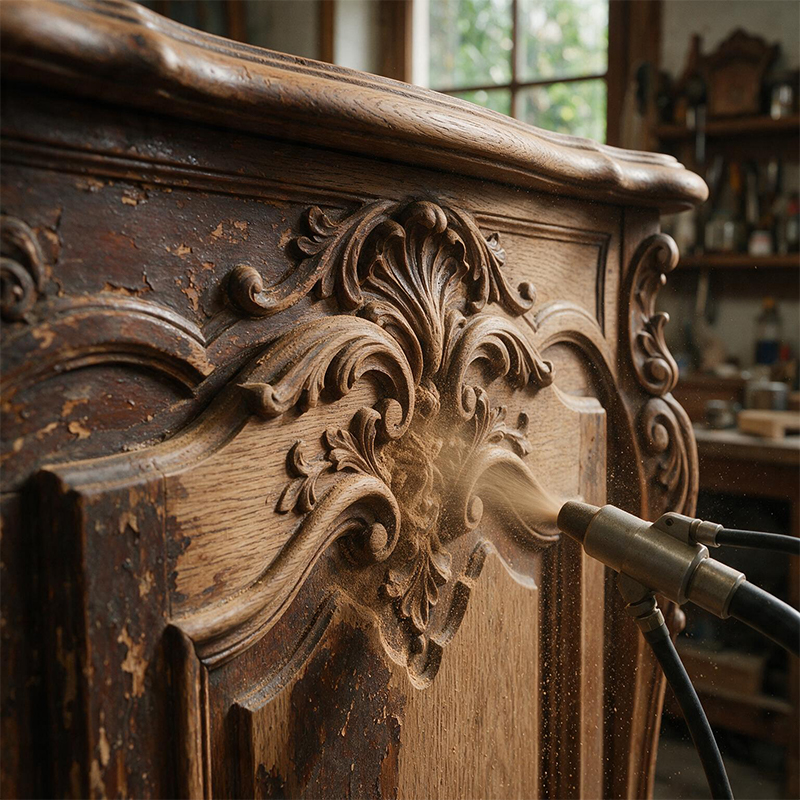 Aérogommage d’un meuble ancien sculpté en bois pour retirer les anciennes finitions et préparer sa restauration