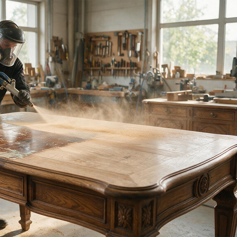 Décapage par aérogommage d’une grande table en bois afin de retirer l’ancienne finition et révéler l’aspect naturel du bois