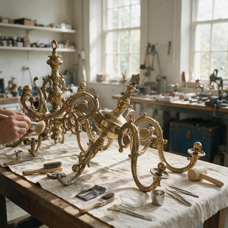 Préparation et nettoyage manuel d’un lustre métallique démonté avant sa restauration