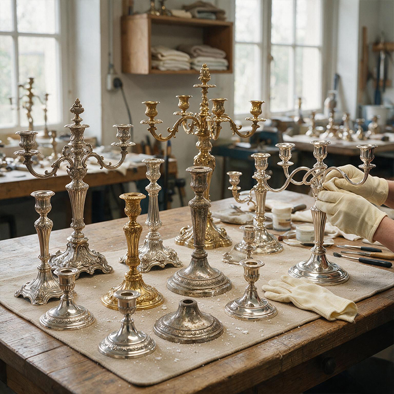 Collection de bougeoirs et candélabres métalliques anciens préparés pour leur nettoyage et leur restauration