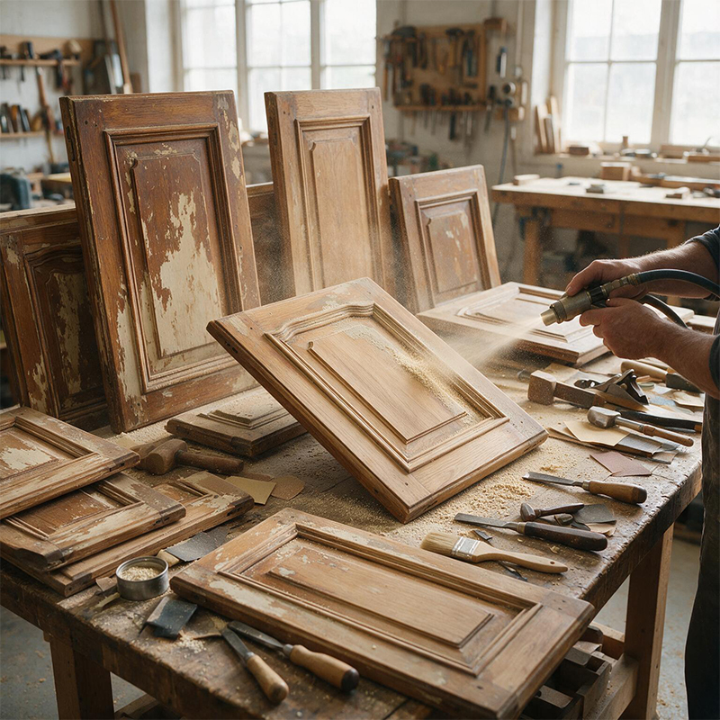 Aérogommage de plusieurs portes de meubles en bois dans un atelier pour retirer les anciennes peintures avant rénovation
